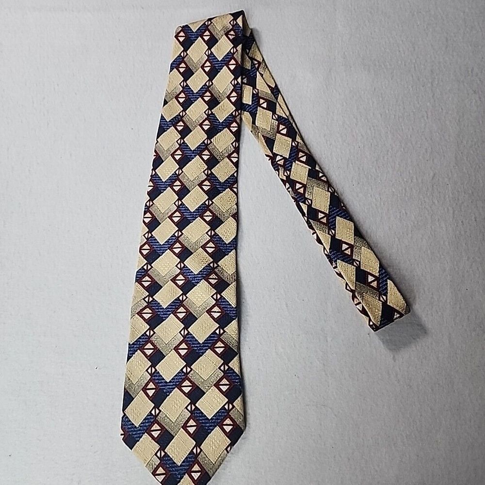 FUMAGALLI'S STUDIO  Cream Red Blue Geometric 100% Silk Necktie Made USA Tie